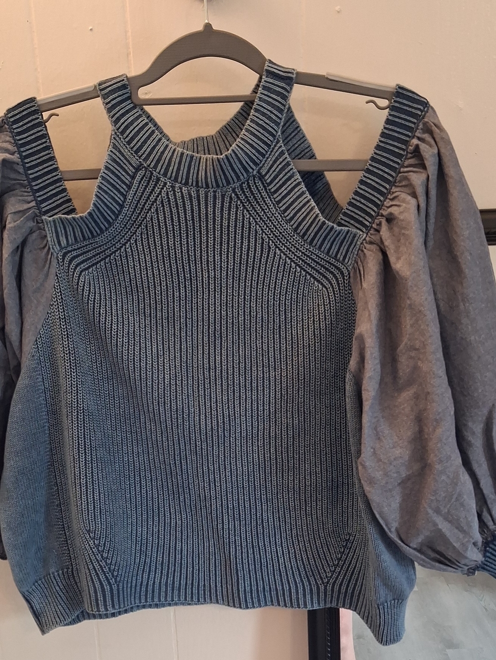 Free People Ribbed Knit Open Shoulder Contrasting Fabric Sweater in Dusty Blue
